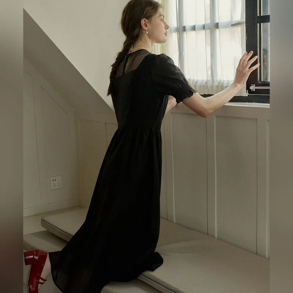 Simple retro Ariella Round Neck Mesh Embroidered Puff Sleeve Dress - Picture 4 of 10